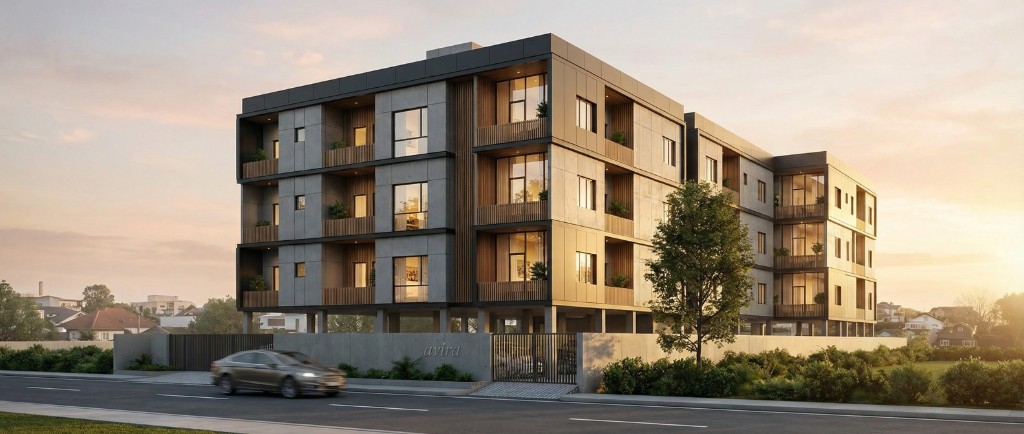 AVIRA building elevation — sunset